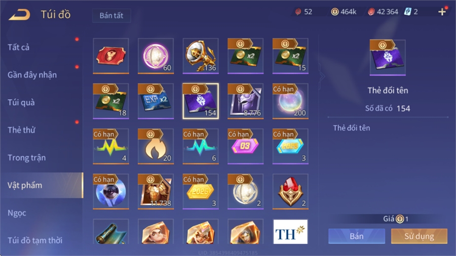  - 154 thẻ đổi tên, 20 bảng ngọc 90,hơn 600 skin rẻ nhất sever, VIP 9